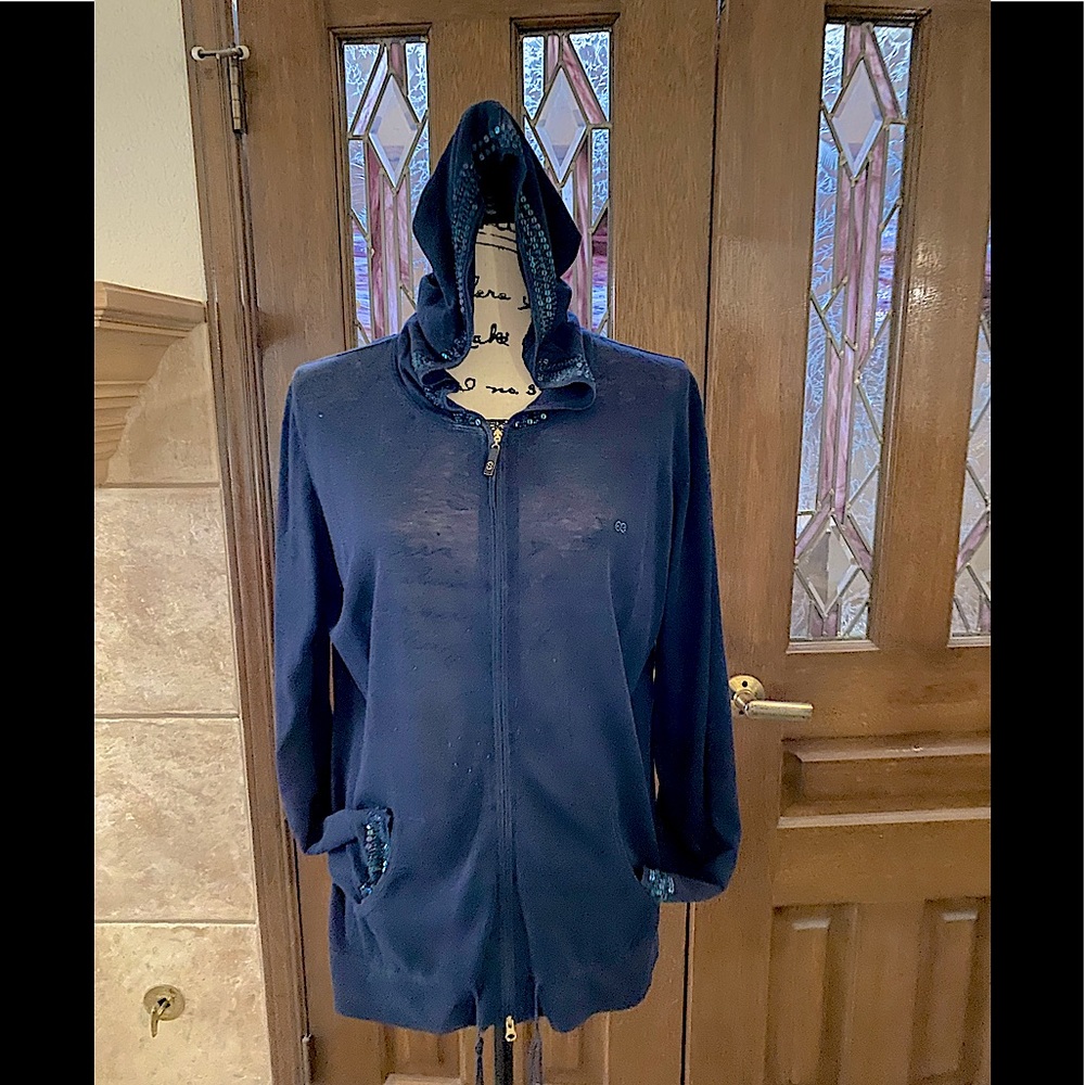 ESCADA SPORT VINTAGE ZIP TOP WITH HOOD IN NAVY BLUE. SEQUINS ON HOOD AND WRISTS